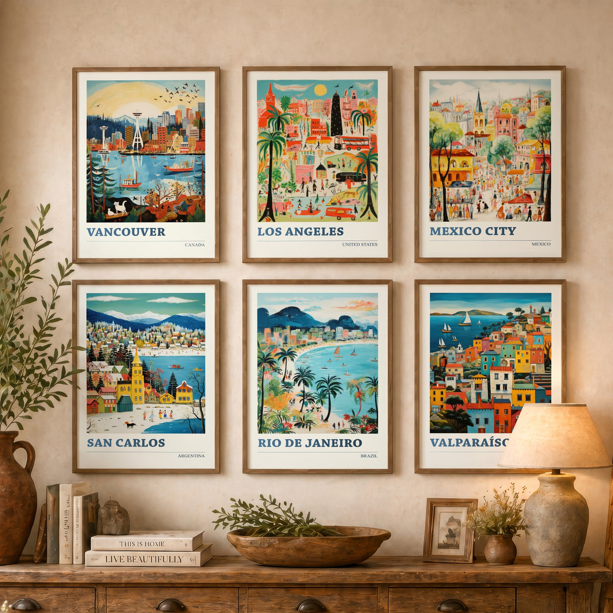 Set of Six Americas Travel Posters - 6 Ludwig Naive Art Prints - Vancouver, Los Angeles, Mexico City, San Carlos, Rio, Valparaiso Painting