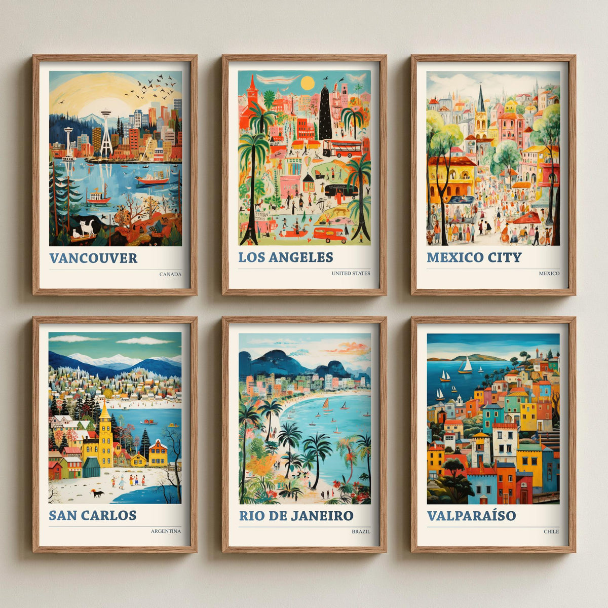 Set of Six Americas Travel Posters - 6 Ludwig Naive Art Prints - Vancouver, Los Angeles, Mexico City, San Carlos, Rio, Valparaiso Painting