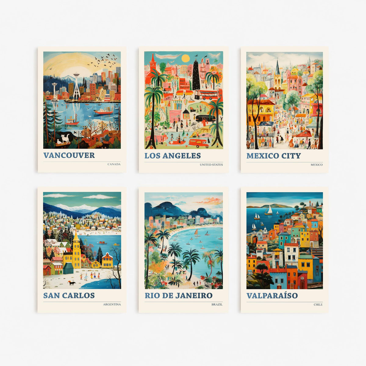 Set of Six Americas Travel Posters - 6 Ludwig Naive Art Prints - Vancouver, Los Angeles, Mexico City, San Carlos, Rio, Valparaiso Painting
