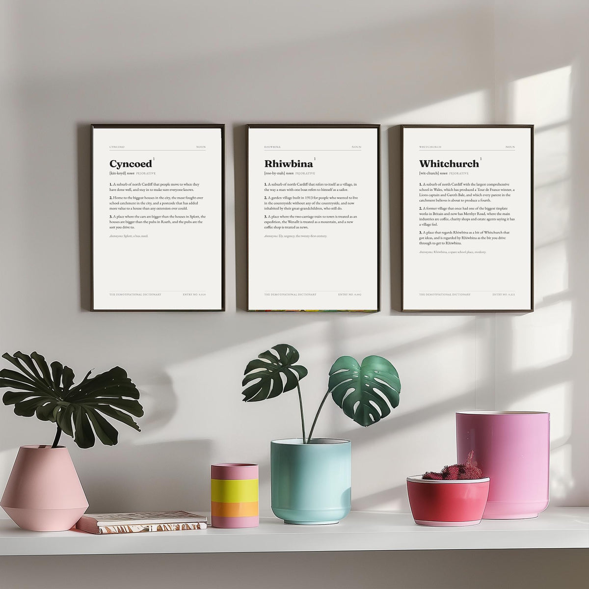 North Cardiff Demotivational Dictionary Set of Three Art Prints - Cyncoed, Rhiwbina, Whitchurch - Funny Welsh Suburb Typography Poster