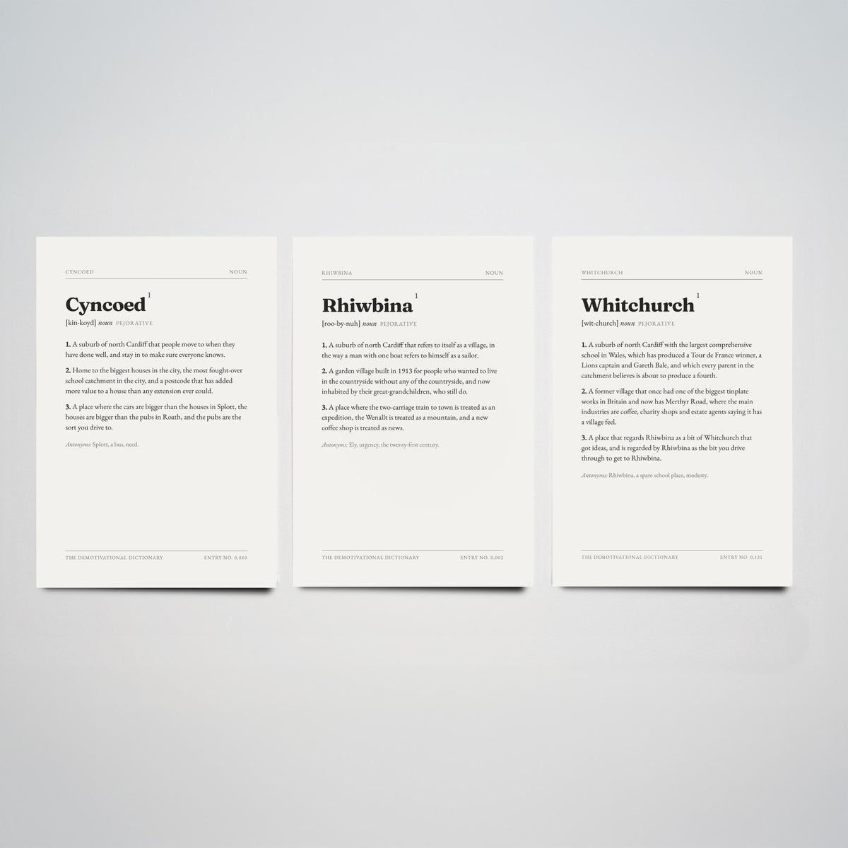 North Cardiff Demotivational Dictionary Set of Three Art Prints - Cyncoed, Rhiwbina, Whitchurch - Funny Welsh Suburb Typography Poster