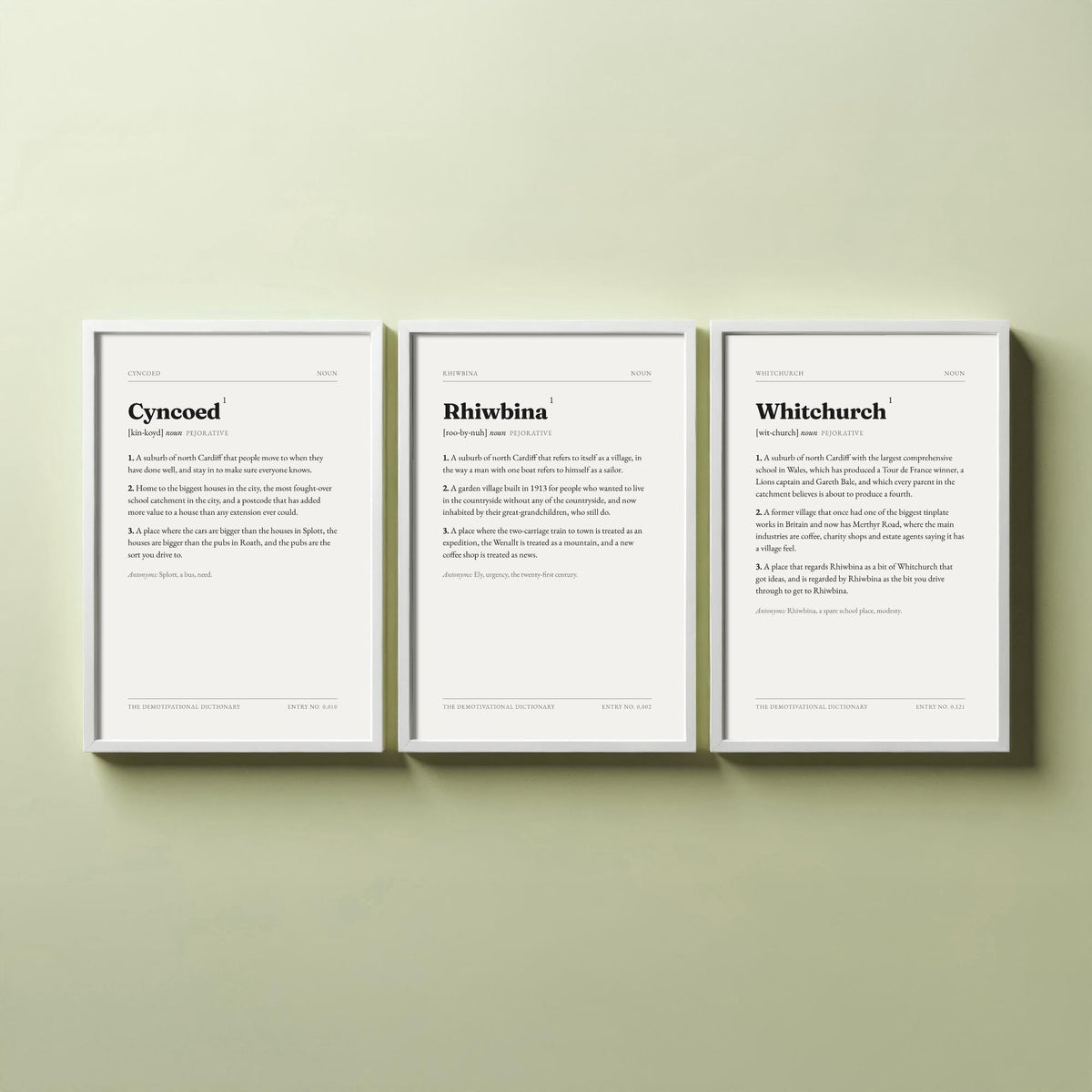 North Cardiff Demotivational Dictionary Set of Three Art Prints - Cyncoed, Rhiwbina, Whitchurch - Funny Welsh Suburb Typography Poster