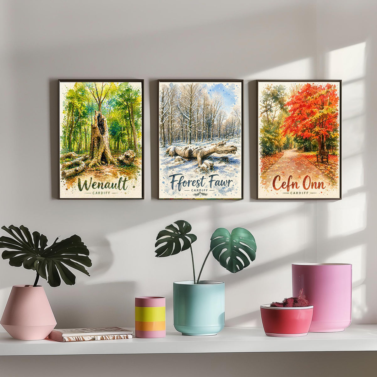 North Cardiff Wales Set of Three Prints | Wenallt Fforest Fawr Cefn Onn | Welsh Woodland Watercolour Wall Art Poster