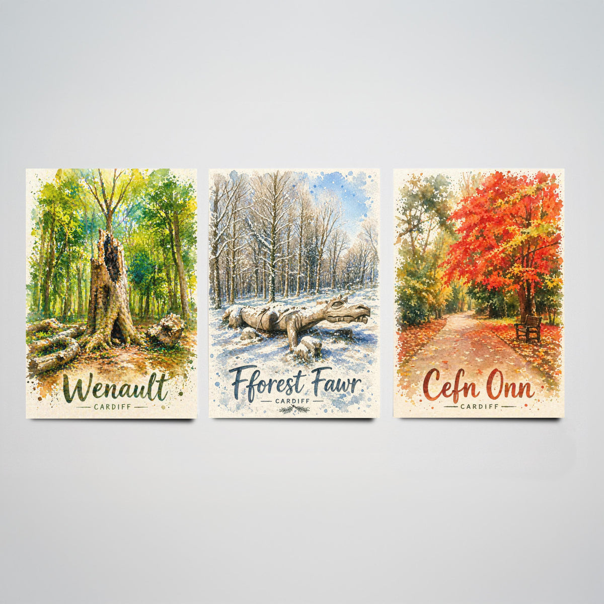 North Cardiff Wales Set of Three Prints | Wenallt Fforest Fawr Cefn Onn | Welsh Woodland Watercolour Wall Art Poster