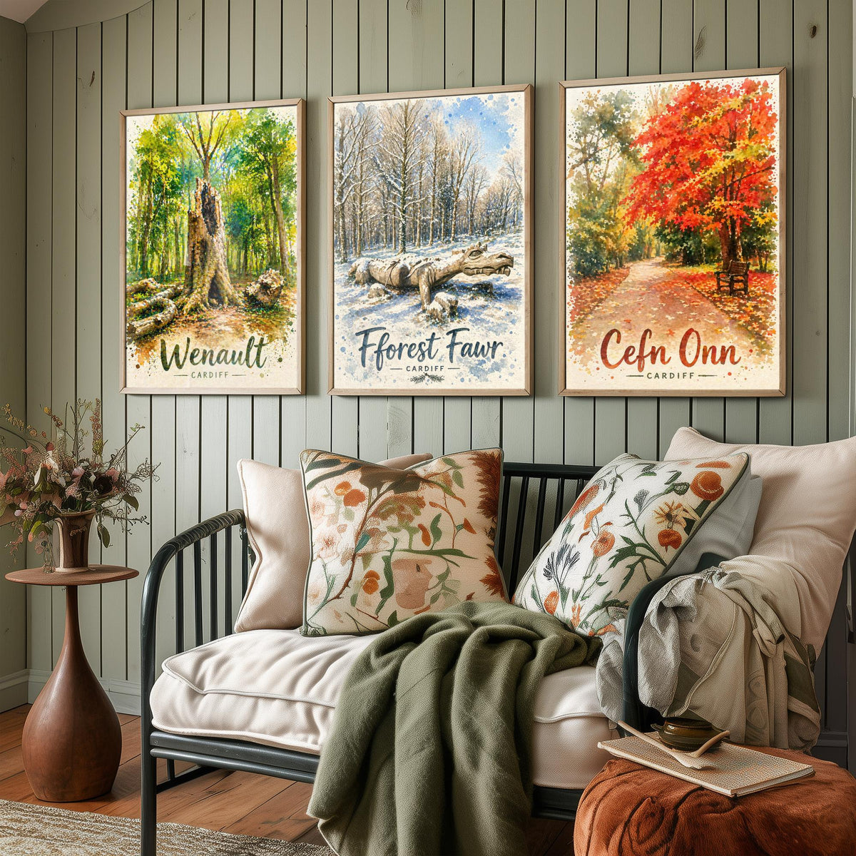 North Cardiff Wales Set of Three Prints | Wenallt Fforest Fawr Cefn Onn | Welsh Woodland Watercolour Wall Art Poster
