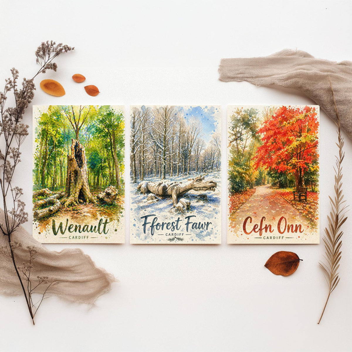 North Cardiff Wales Set of Three Prints | Wenallt Fforest Fawr Cefn Onn | Welsh Woodland Watercolour Wall Art Poster