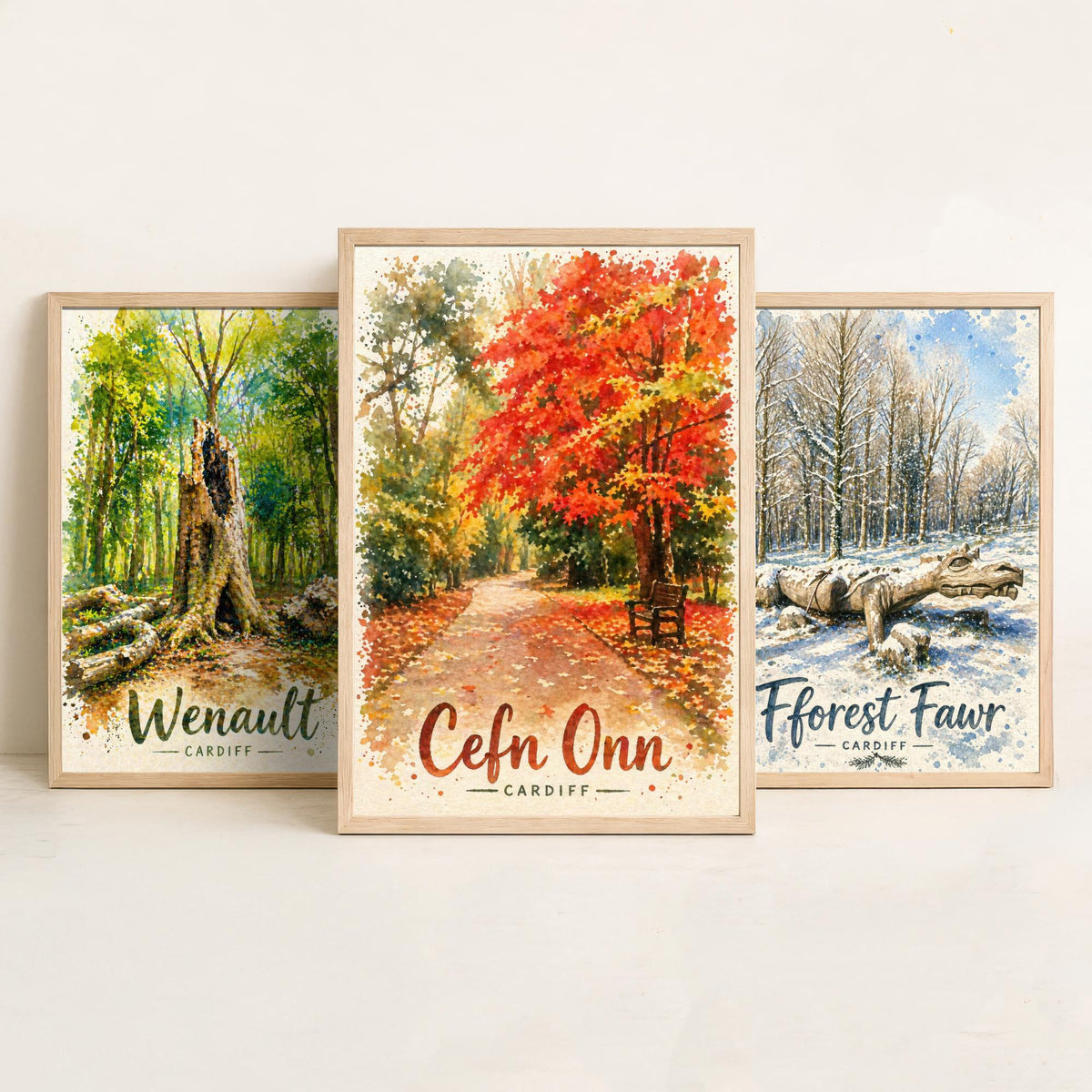 North Cardiff Wales Set of Three Prints | Wenallt Fforest Fawr Cefn Onn | Welsh Woodland Watercolour Wall Art Poster