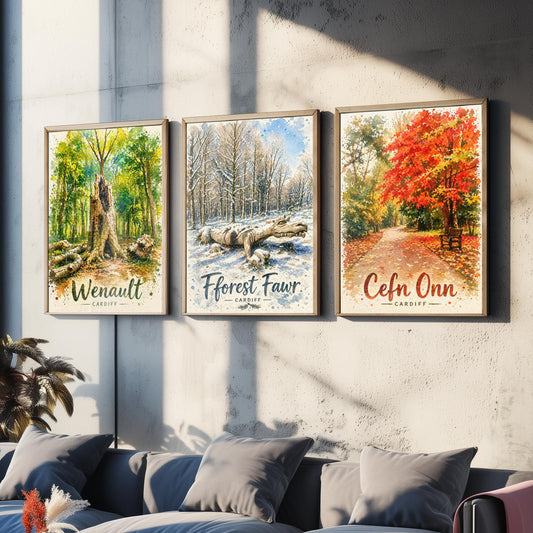 North Cardiff Wales Set of Three Prints | Wenallt Fforest Fawr Cefn Onn | Welsh Woodland Watercolour Wall Art Poster