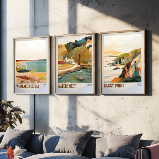 North Devon Coast Set of Three Prints | Woolacombe Bay Watersmeet Baggy Point | Coastal Landscape Wall Art Poster Painting
