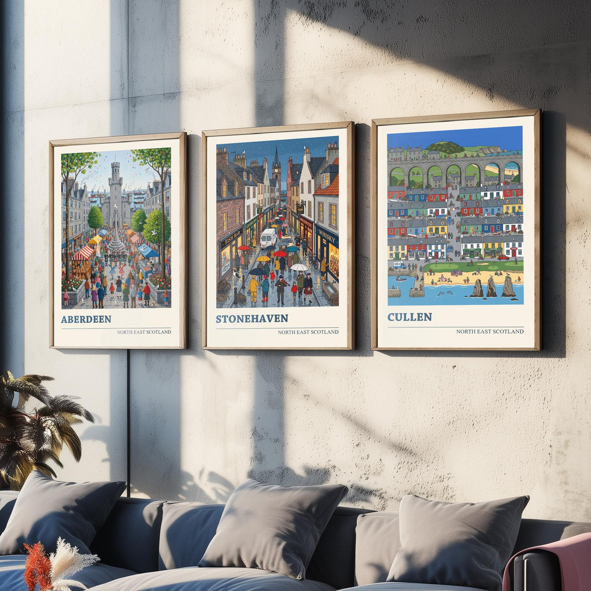 North East Scotland Set of Three Art Prints - Aberdeen, Stonehaven, Cullen - 3 Folk Illustration Travel Posters - Scottish Painting