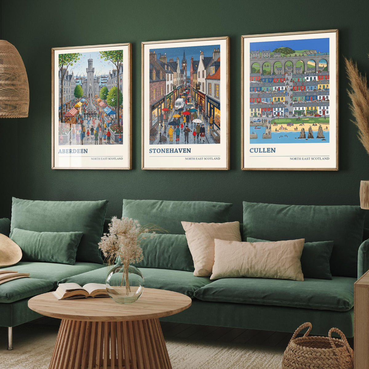 North East Scotland Set of Three Art Prints - Aberdeen, Stonehaven, Cullen - 3 Folk Illustration Travel Posters - Scottish Painting