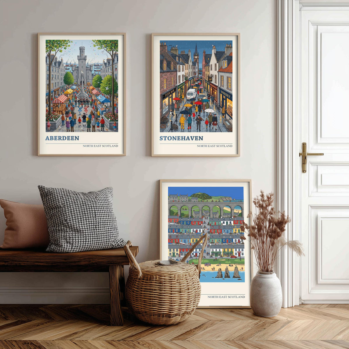 North East Scotland Set of Three Art Prints - Aberdeen, Stonehaven, Cullen - 3 Folk Illustration Travel Posters - Scottish Painting