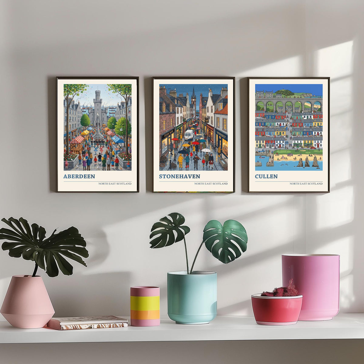 North East Scotland Set of Three Art Prints - Aberdeen, Stonehaven, Cullen - 3 Folk Illustration Travel Posters - Scottish Painting