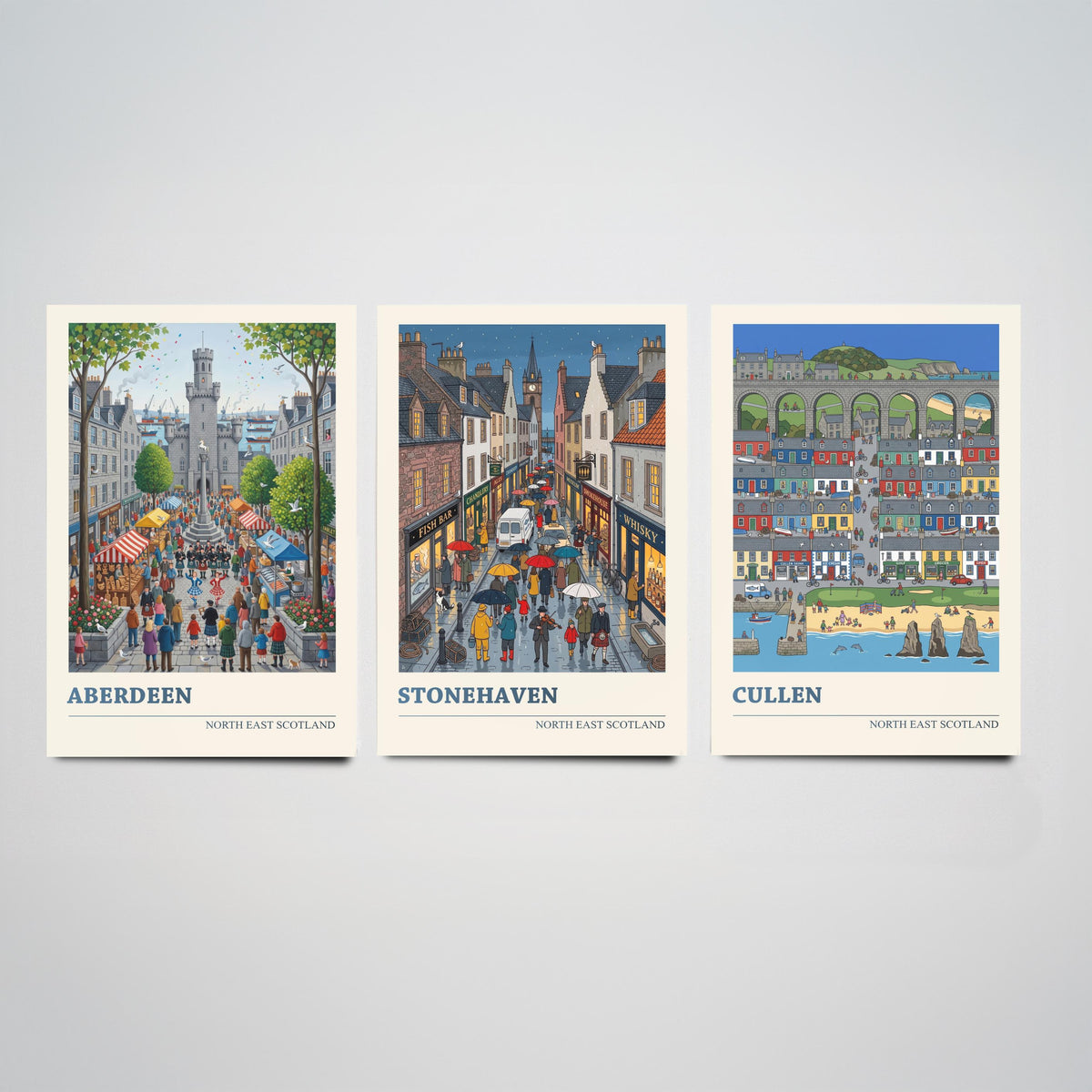 North East Scotland Set of Three Art Prints - Aberdeen, Stonehaven, Cullen - 3 Folk Illustration Travel Posters - Scottish Painting