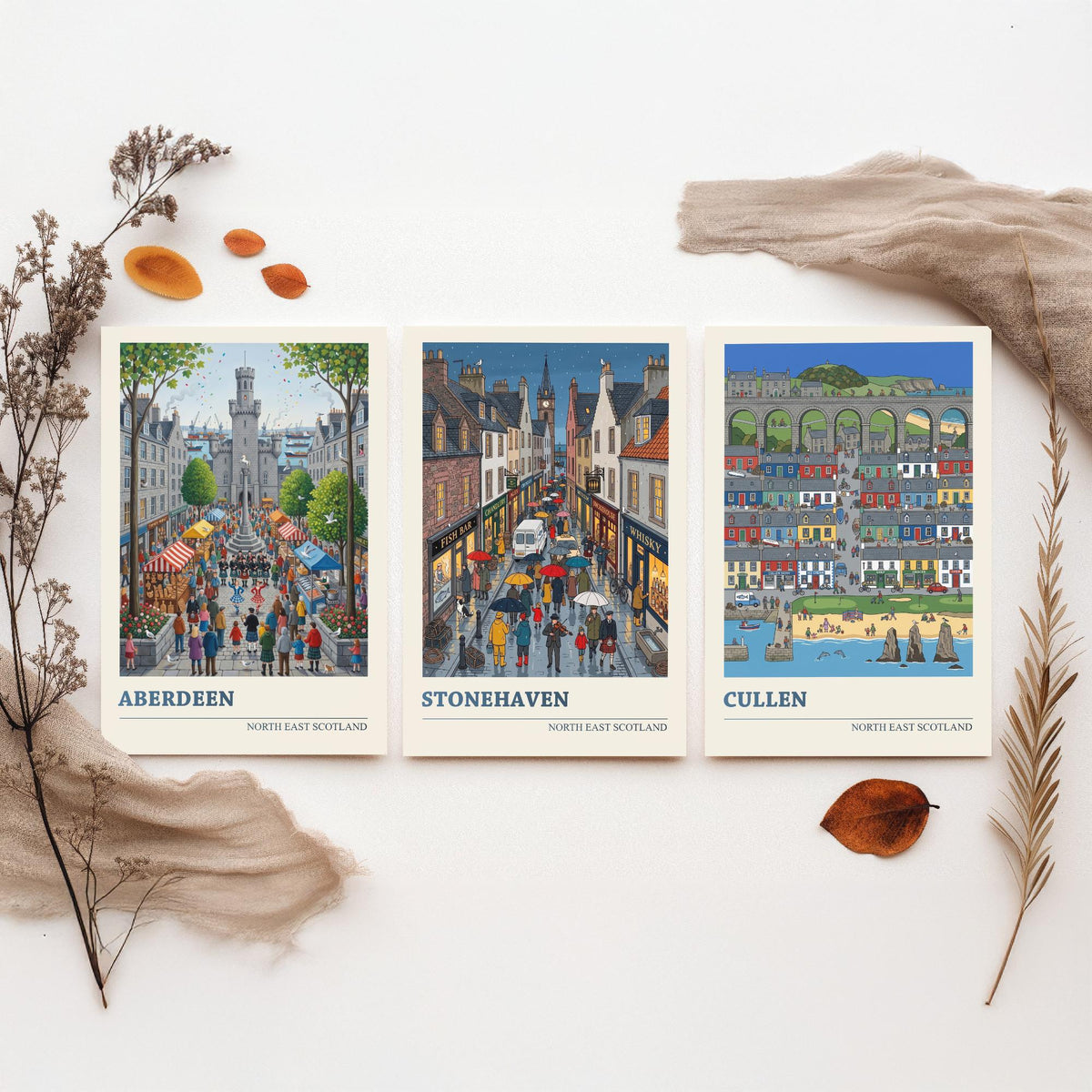 North East Scotland Set of Three Art Prints - Aberdeen, Stonehaven, Cullen - 3 Folk Illustration Travel Posters - Scottish Painting