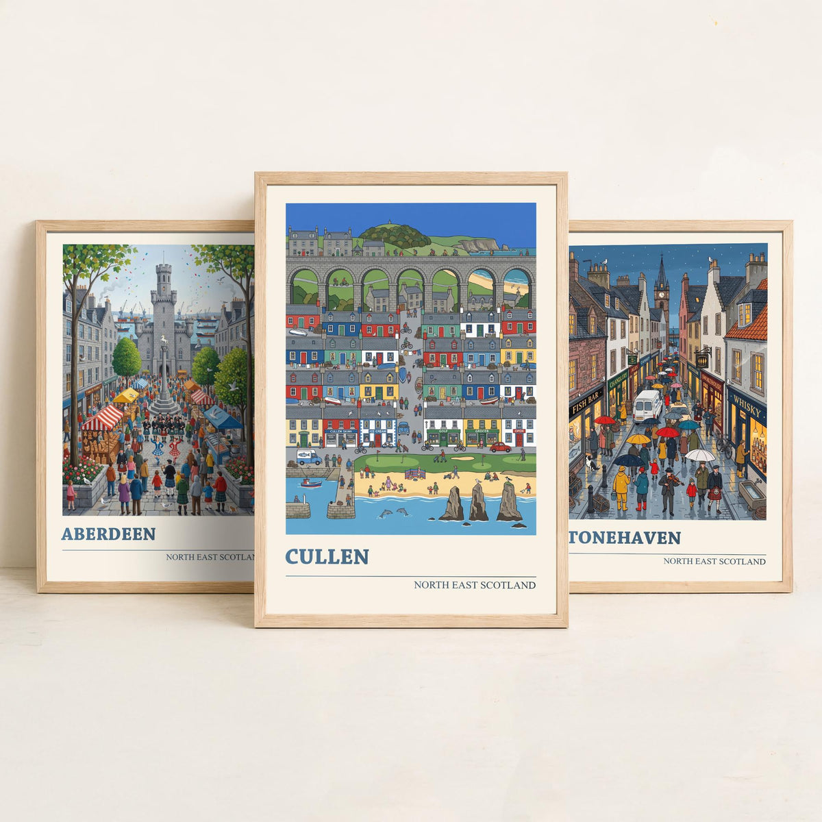 North East Scotland Set of Three Art Prints - Aberdeen, Stonehaven, Cullen - 3 Folk Illustration Travel Posters - Scottish Painting