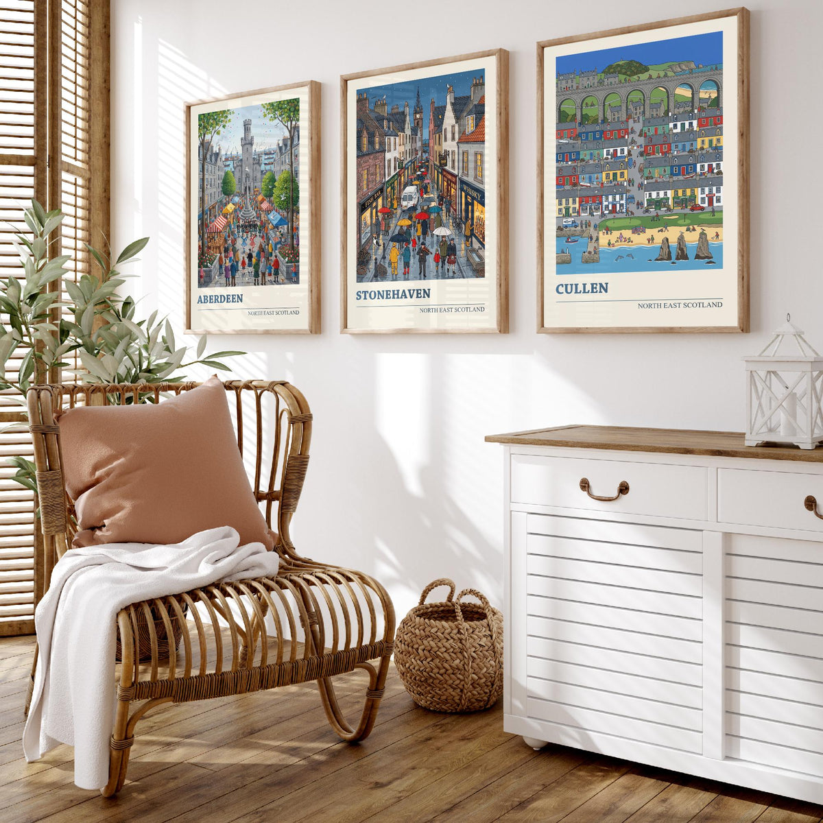 North East Scotland Set of Three Art Prints - Aberdeen, Stonehaven, Cullen - 3 Folk Illustration Travel Posters - Scottish Painting