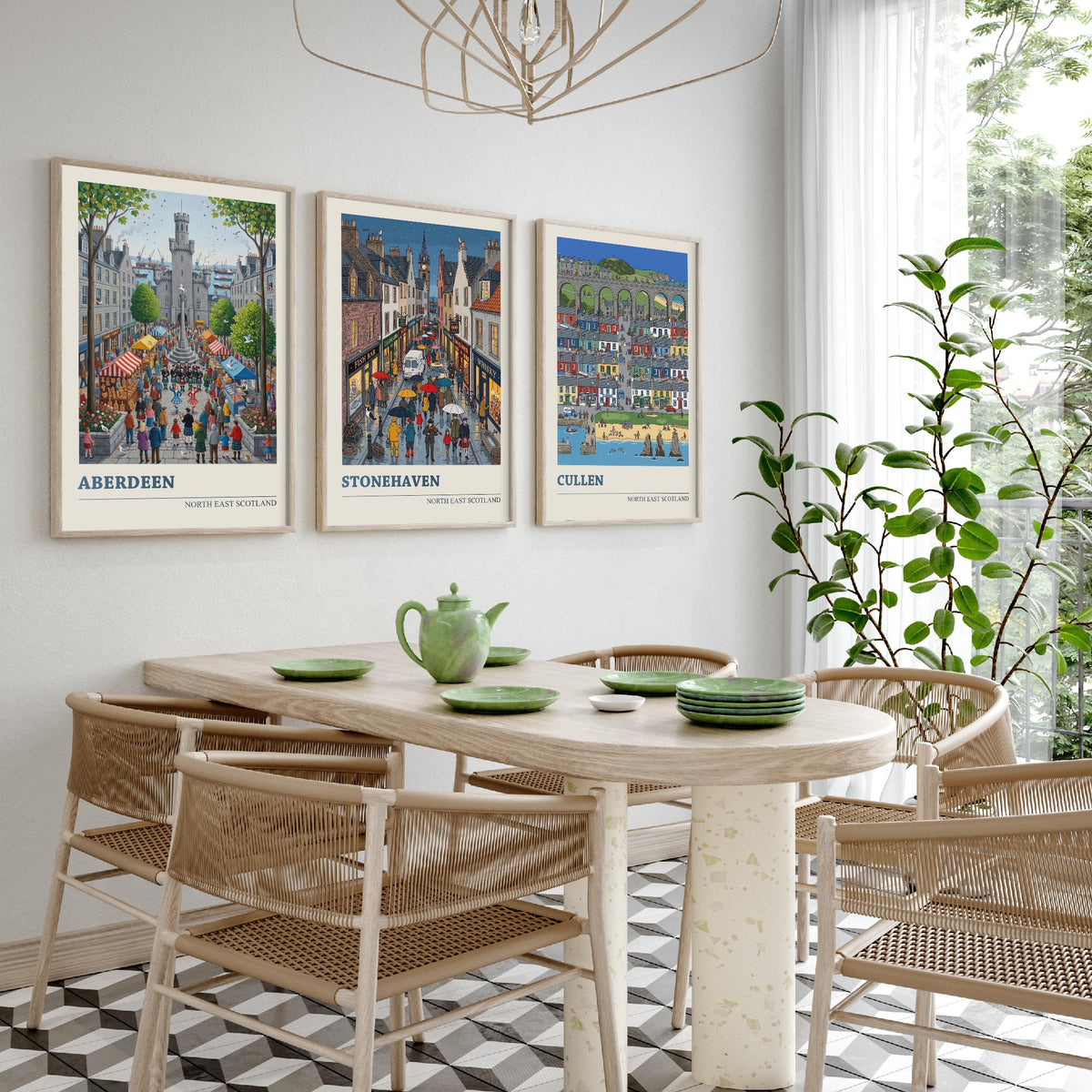 North East Scotland Set of Three Art Prints - Aberdeen, Stonehaven, Cullen - 3 Folk Illustration Travel Posters - Scottish Painting