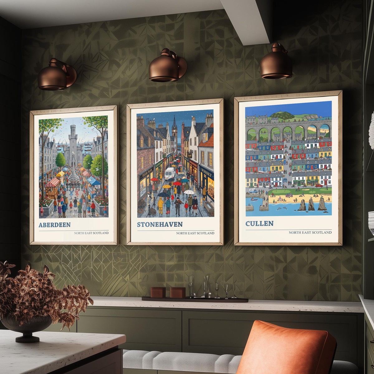 North East Scotland Set of Three Art Prints - Aberdeen, Stonehaven, Cullen - 3 Folk Illustration Travel Posters - Scottish Painting
