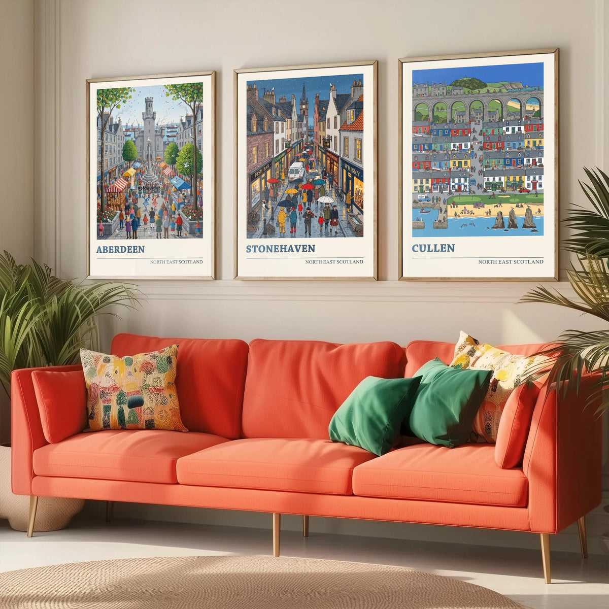 North East Scotland Set of Three Art Prints - Aberdeen, Stonehaven, Cullen - 3 Folk Illustration Travel Posters - Scottish Painting