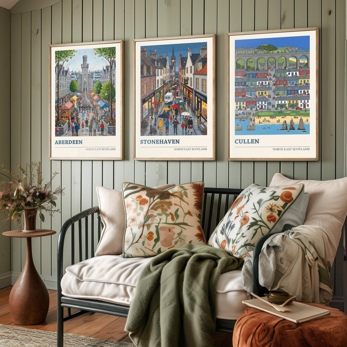 North East Scotland Set of Three Art Prints - Aberdeen, Stonehaven, Cullen - 3 Folk Illustration Travel Posters - Scottish Painting