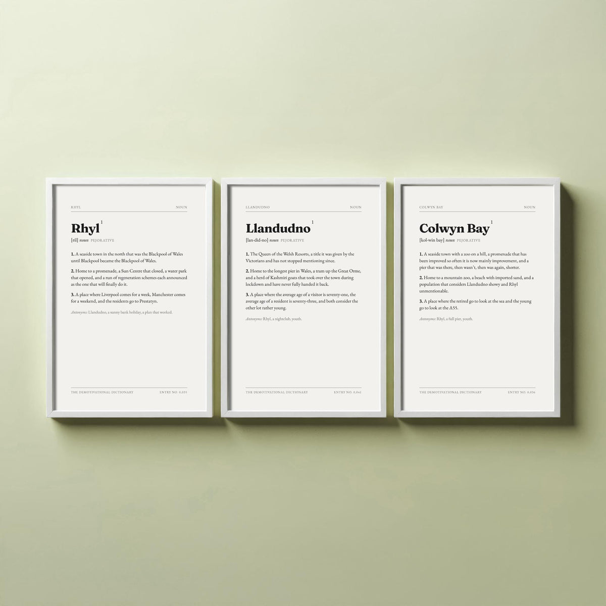 North Wales Coast Demotivational Dictionary Set of Three Art Prints - Rhyl, Llandudno, Colwyn Bay - Seaside Humour Typography Poster