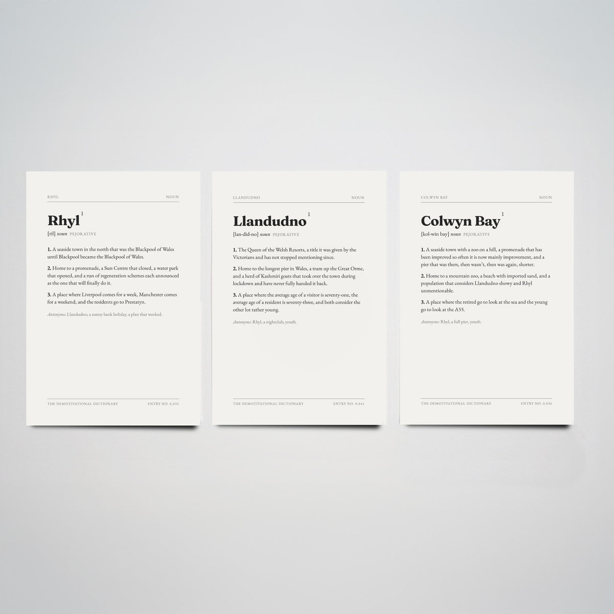 North Wales Coast Demotivational Dictionary Set of Three Art Prints - Rhyl, Llandudno, Colwyn Bay - Seaside Humour Typography Poster