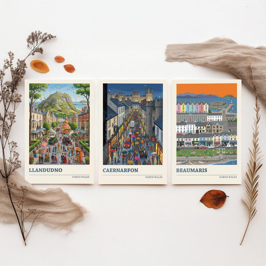 North Wales Set of Three Art Prints - Llandudno, Caernarfon, Beaumaris - 3 Colourful Folk Illustration Travel Posters - Welsh Painting