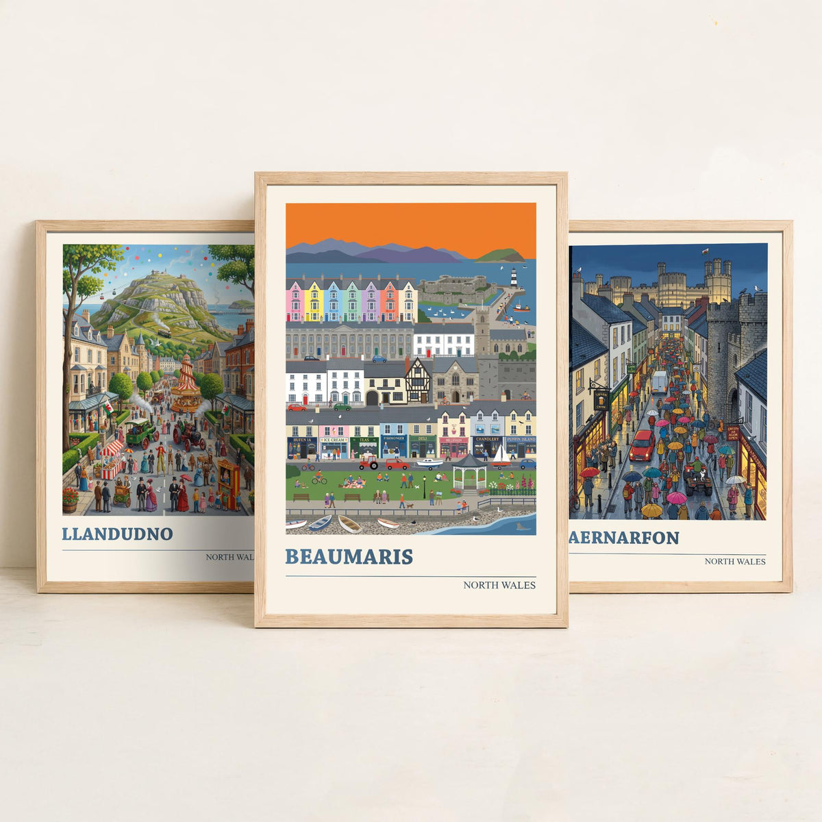 North Wales Set of Three Art Prints - Llandudno, Caernarfon, Beaumaris - 3 Colourful Folk Illustration Travel Posters - Welsh Painting