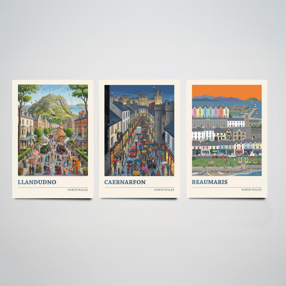North Wales Set of Three Art Prints - Llandudno, Caernarfon, Beaumaris - 3 Colourful Folk Illustration Travel Posters - Welsh Painting