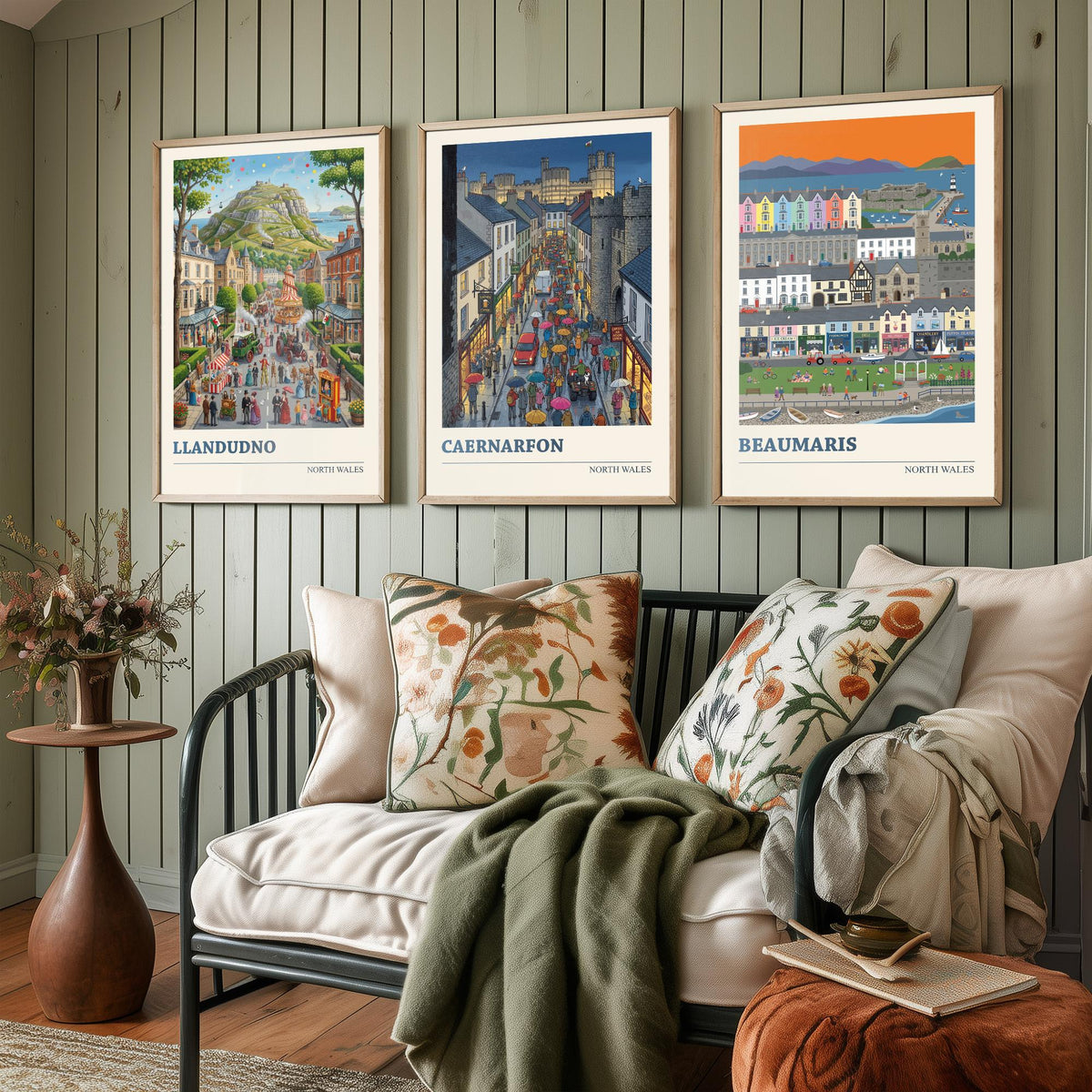 North Wales Set of Three Art Prints - Llandudno, Caernarfon, Beaumaris - 3 Colourful Folk Illustration Travel Posters - Welsh Painting