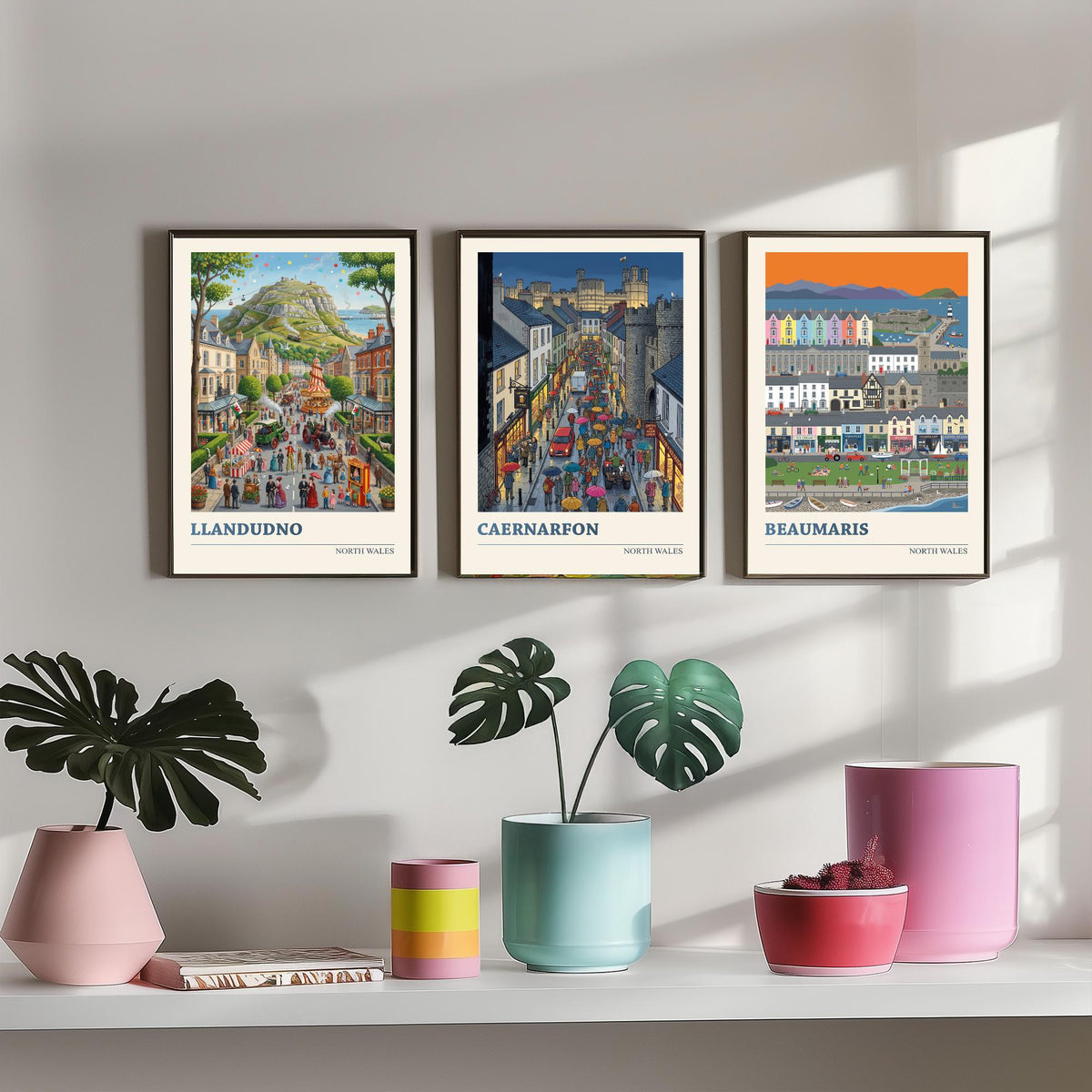 North Wales Set of Three Art Prints - Llandudno, Caernarfon, Beaumaris - 3 Colourful Folk Illustration Travel Posters - Welsh Painting
