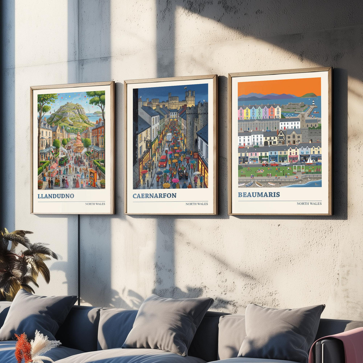 North Wales Set of Three Art Prints - Llandudno, Caernarfon, Beaumaris - 3 Colourful Folk Illustration Travel Posters - Welsh Painting