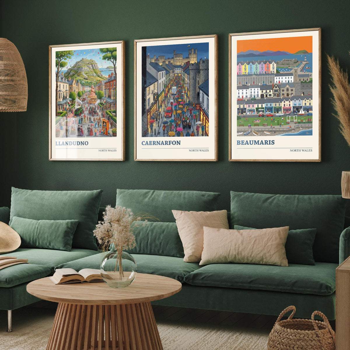 North Wales Set of Three Art Prints - Llandudno, Caernarfon, Beaumaris - 3 Colourful Folk Illustration Travel Posters - Welsh Painting