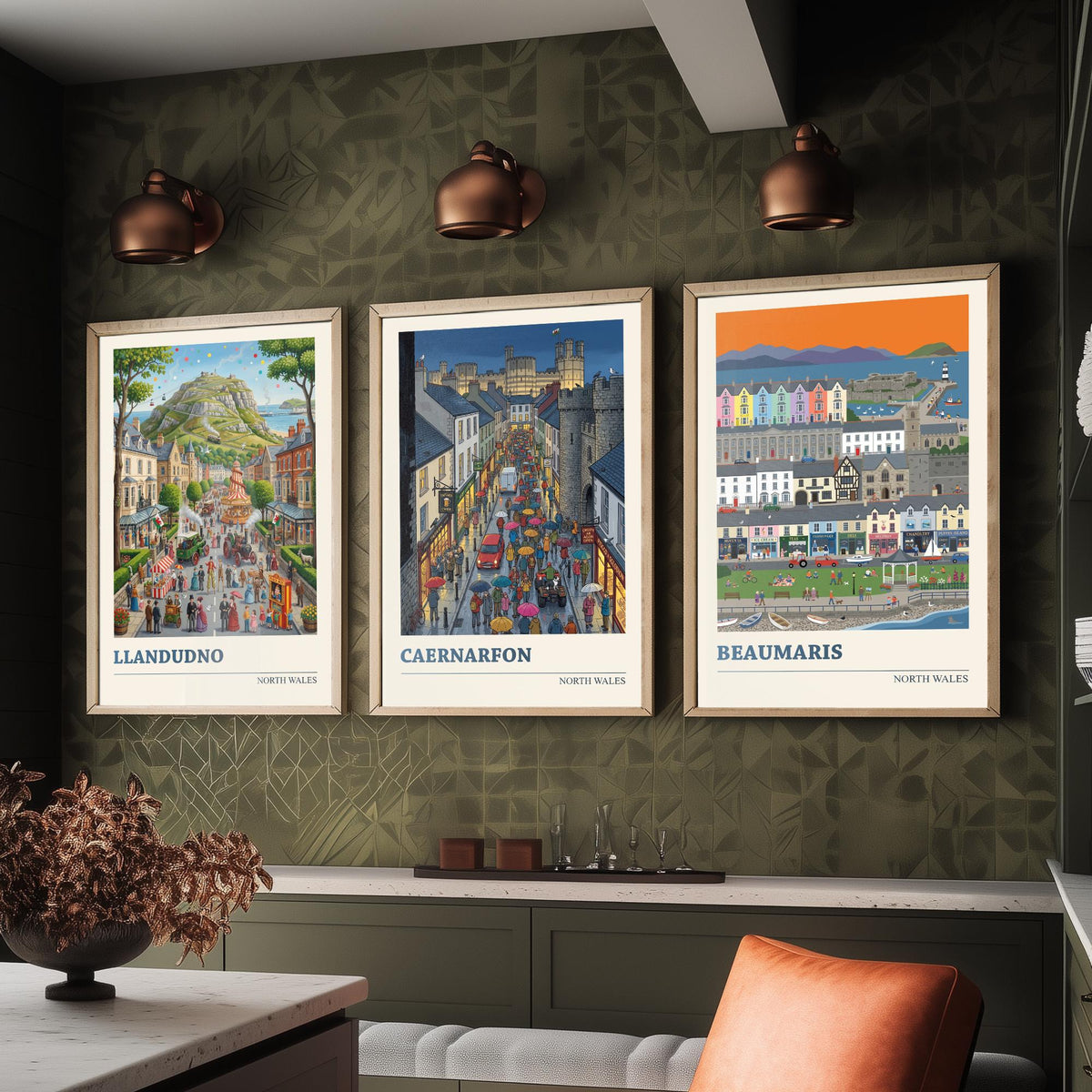 North Wales Set of Three Art Prints - Llandudno, Caernarfon, Beaumaris - 3 Colourful Folk Illustration Travel Posters - Welsh Painting