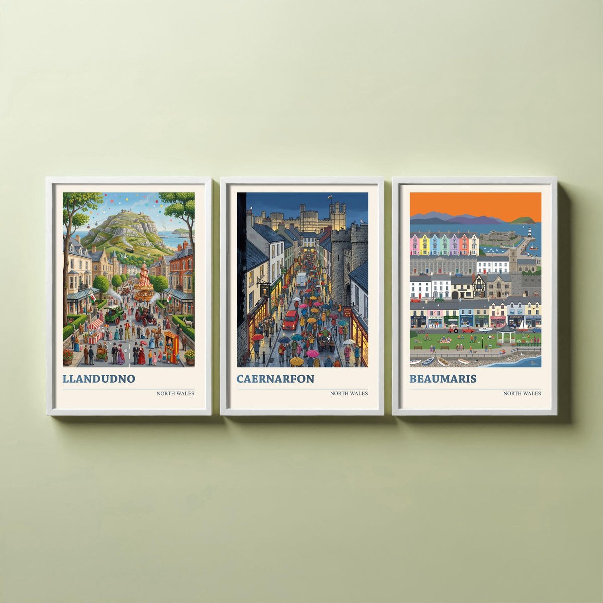 North Wales Set of Three Art Prints - Llandudno, Caernarfon, Beaumaris - 3 Colourful Folk Illustration Travel Posters - Welsh Painting