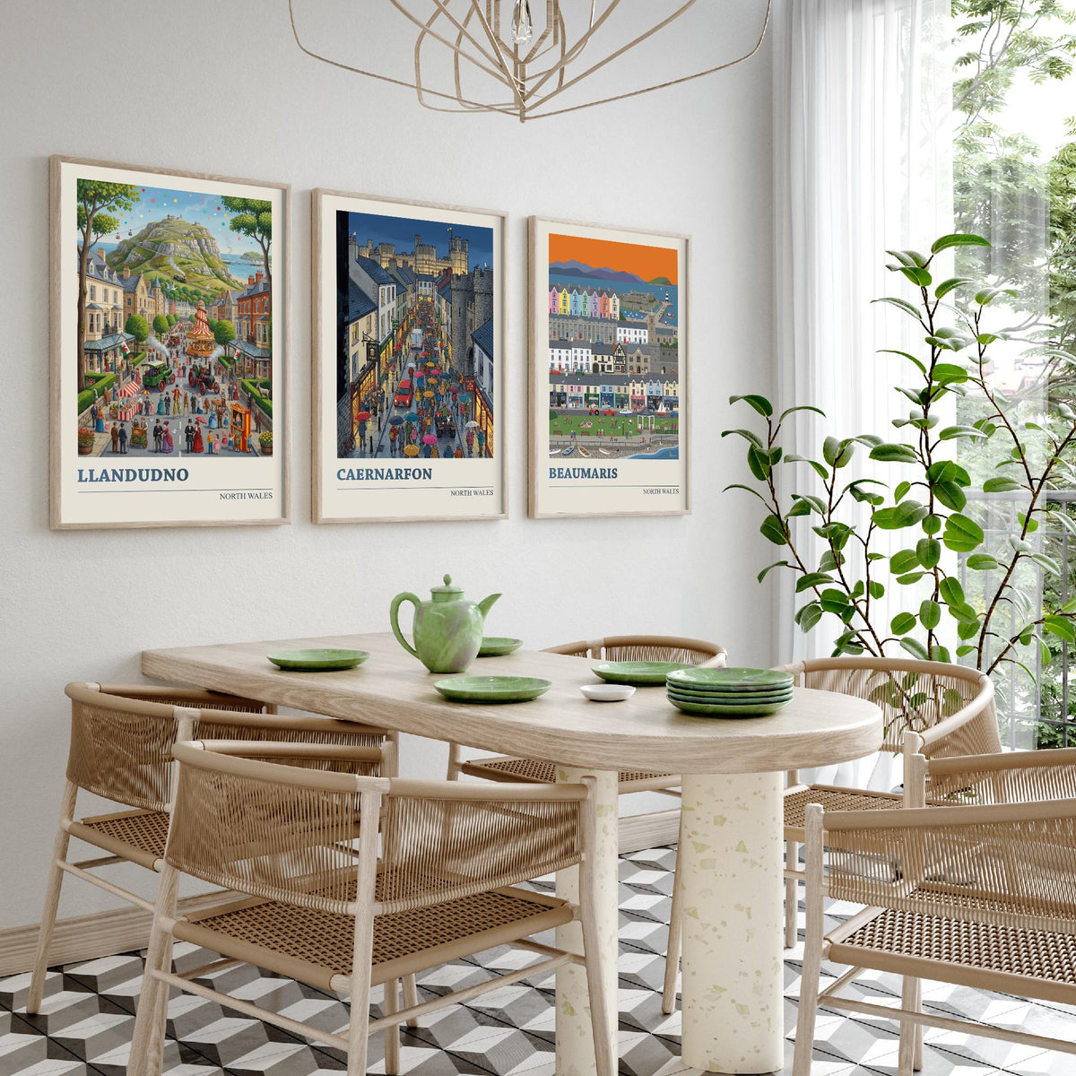 North Wales Set of Three Art Prints - Llandudno, Caernarfon, Beaumaris - 3 Colourful Folk Illustration Travel Posters - Welsh Painting