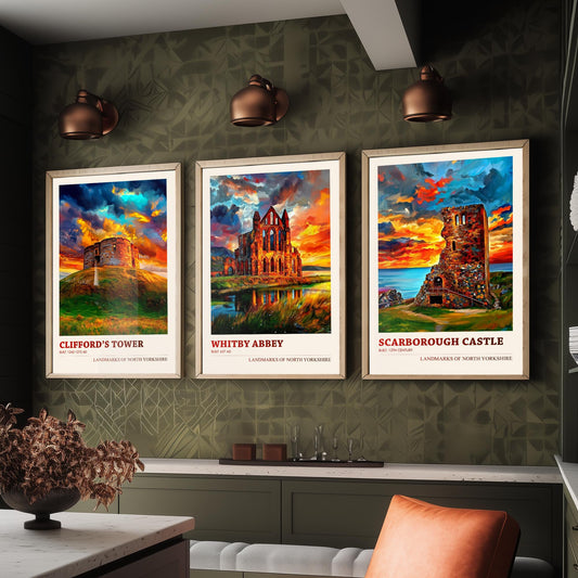 North Yorkshire Set of Three Prints | Cliffords Tower Whitby Abbey Scarborough Castle | Evening Gold Wall Art Poster Painting