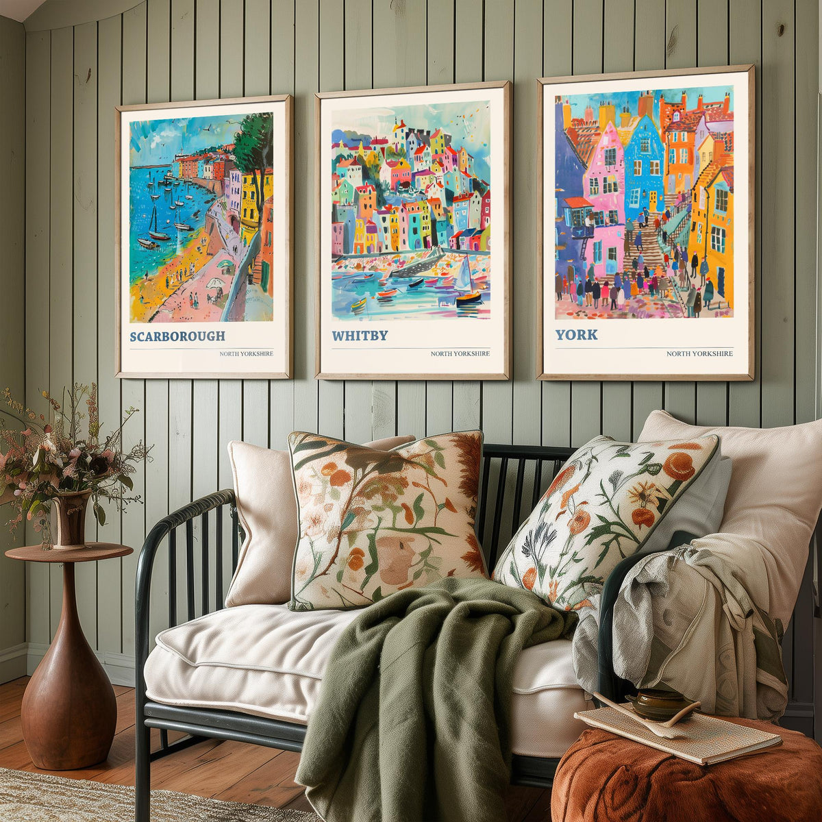 Set of Three North Yorkshire Travel Posters - Scarborough, Whitby, York - 3 Vibrant Art Prints - Painting Illustration Gift