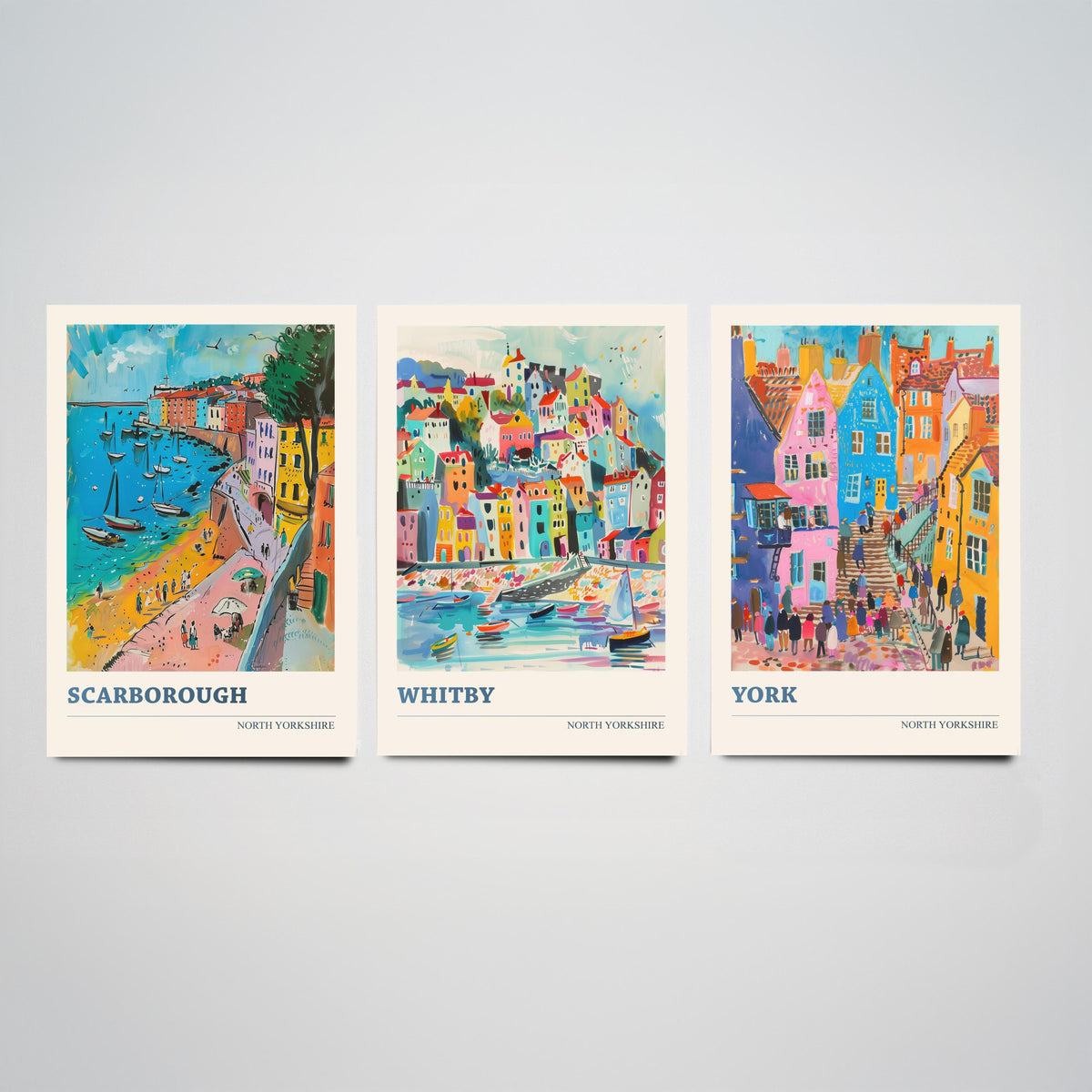 Set of Three North Yorkshire Travel Posters - Scarborough, Whitby, York - 3 Vibrant Art Prints - Painting Illustration Gift