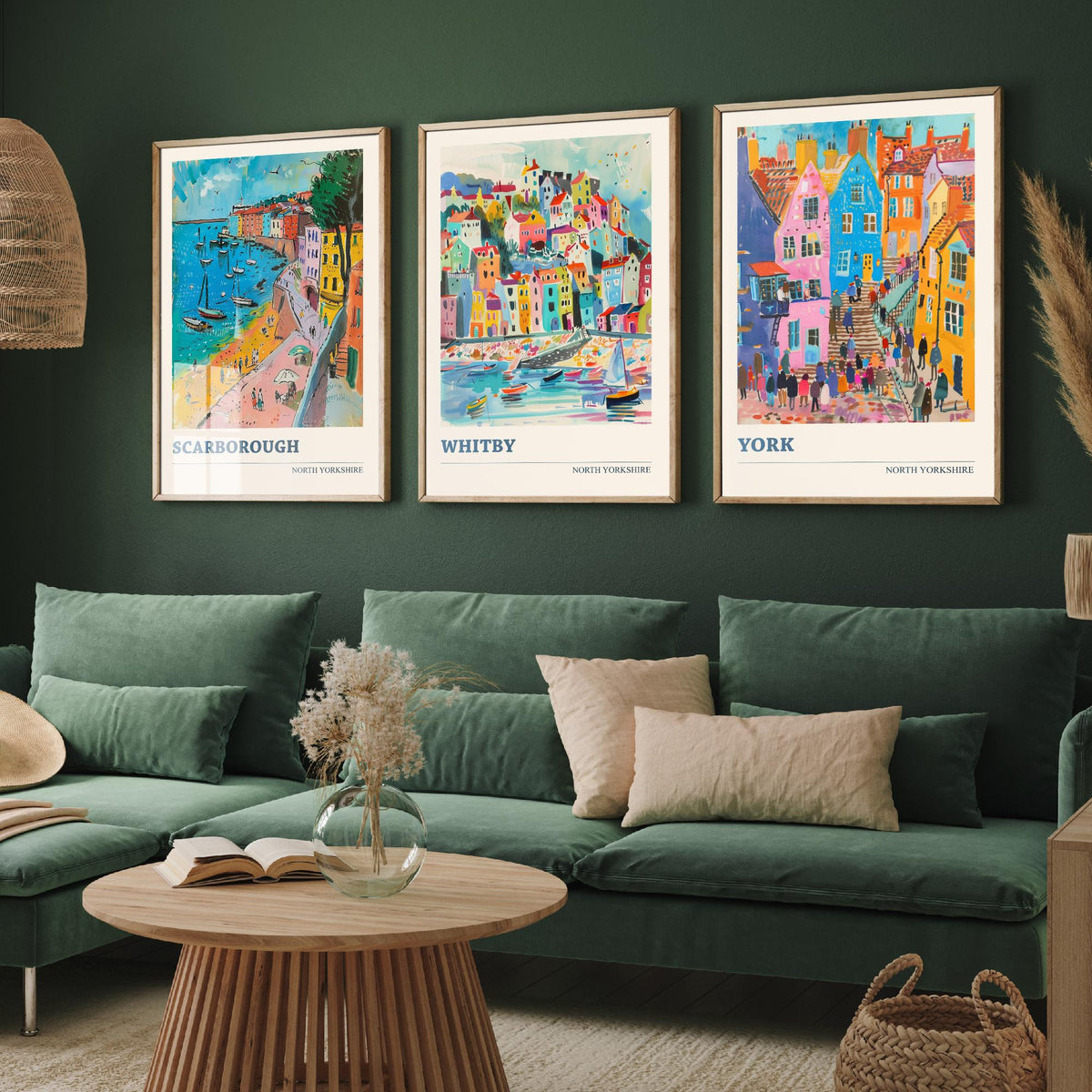 Set of Three North Yorkshire Travel Posters - Scarborough, Whitby, York - 3 Vibrant Art Prints - Painting Illustration Gift