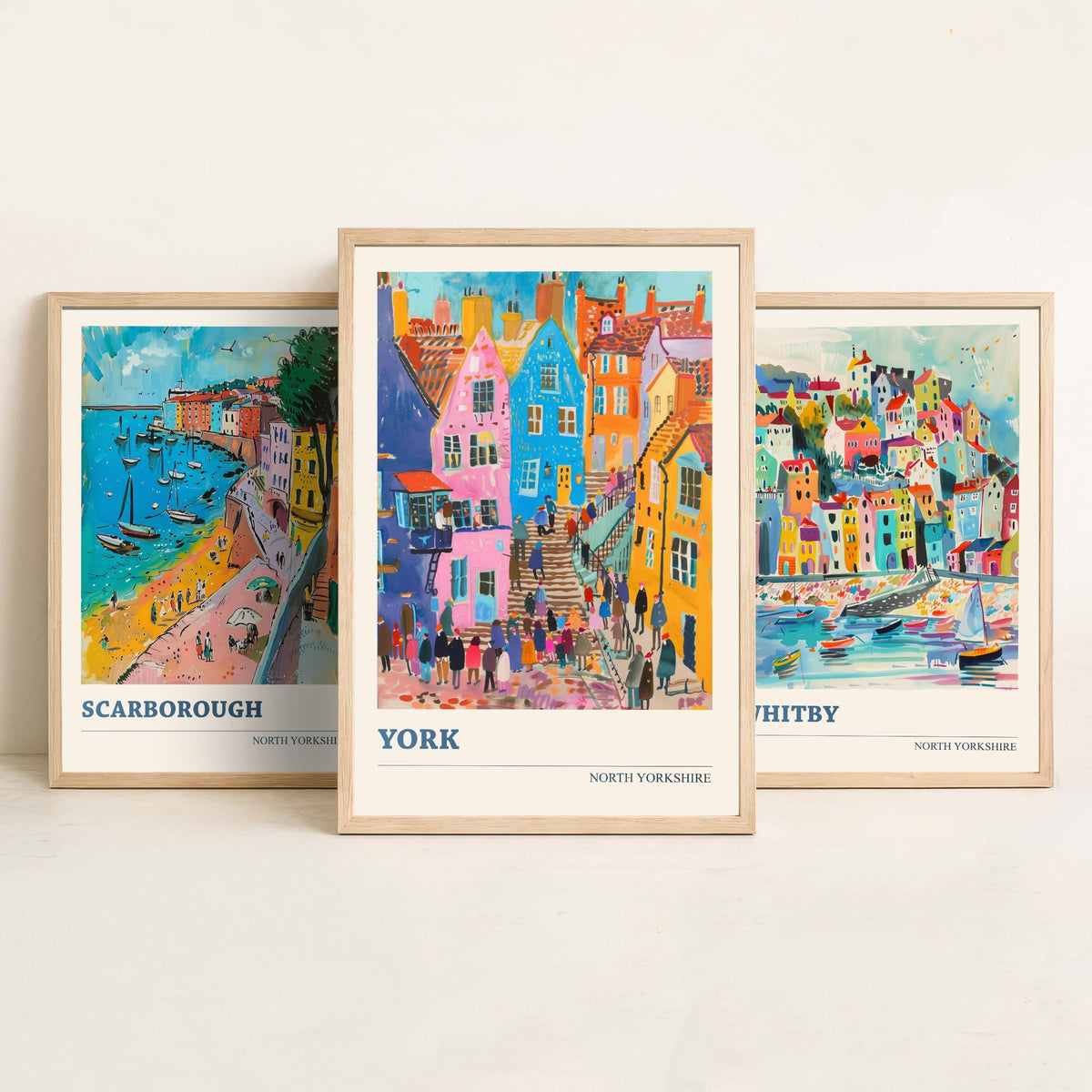 Set of Three North Yorkshire Travel Posters - Scarborough, Whitby, York - 3 Vibrant Art Prints - Painting Illustration Gift