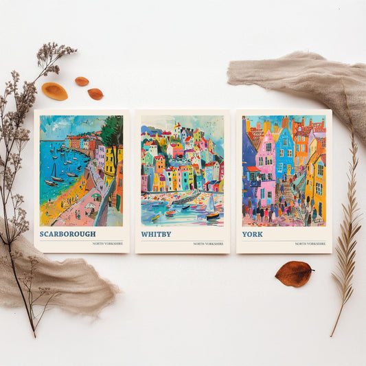 Set of Three North Yorkshire Travel Posters - Scarborough, Whitby, York - 3 Vibrant Art Prints - Painting Illustration Gift