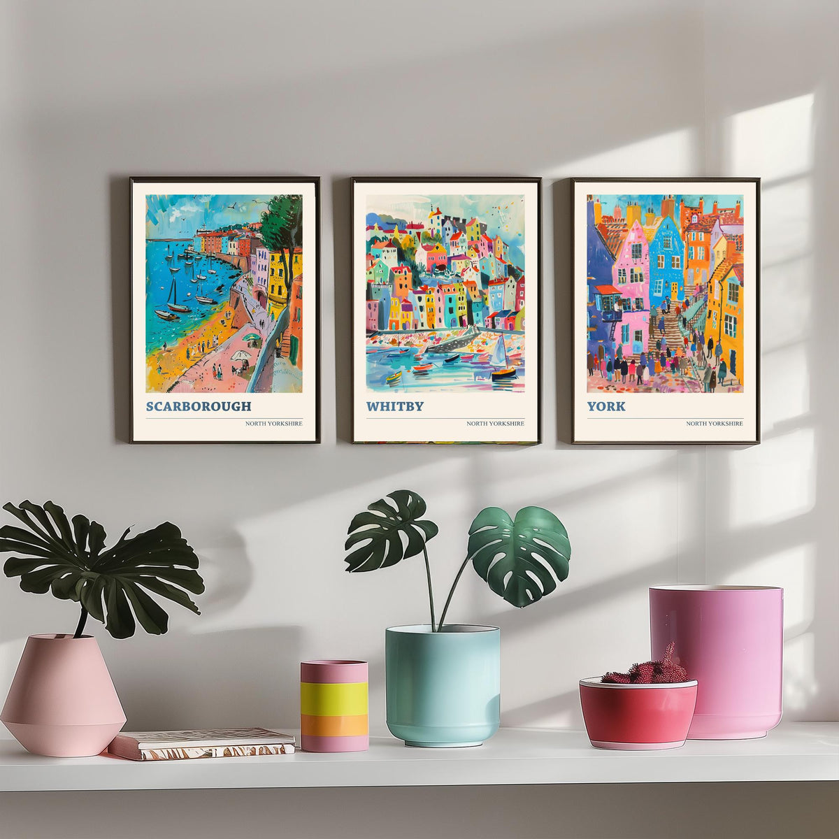 Set of Three North Yorkshire Travel Posters - Scarborough, Whitby, York - 3 Vibrant Art Prints - Painting Illustration Gift