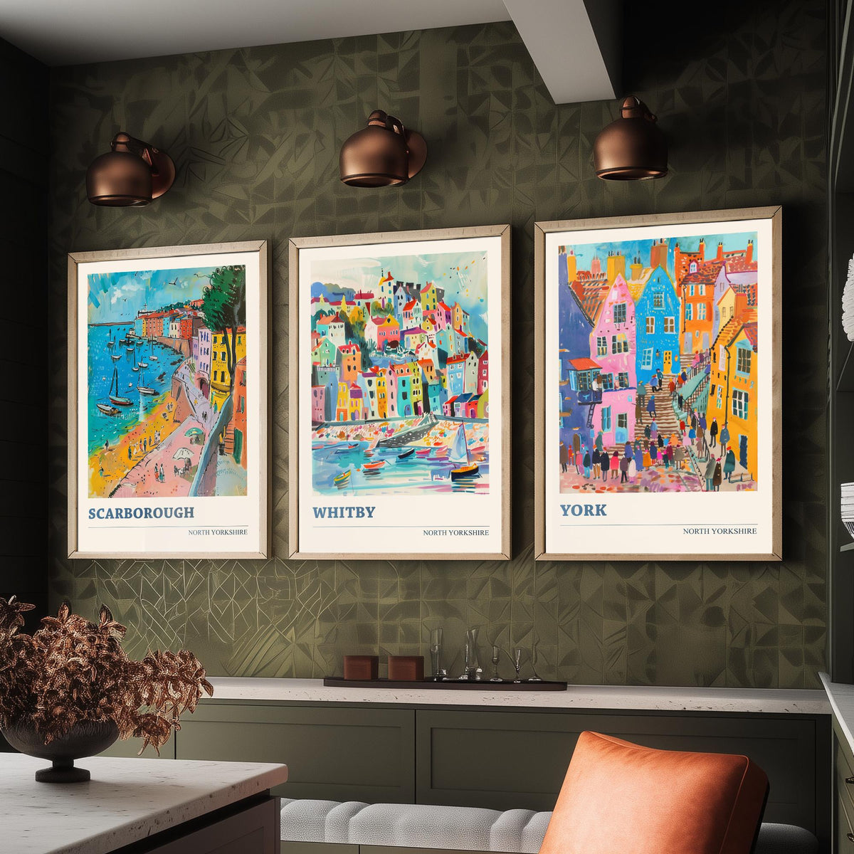 Set of Three North Yorkshire Travel Posters - Scarborough, Whitby, York - 3 Vibrant Art Prints - Painting Illustration Gift