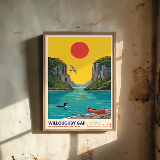 Willoughby Gap Travel Poster - Lake Willoughby Vermont Art Print - Loon Red Canoe Illustration - Mount Pisgah Cliffs 2/3