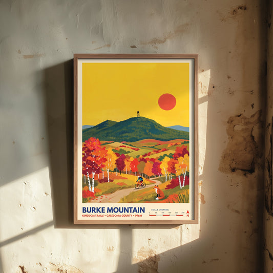 Burke Mountain Travel Poster - Kingdom Trails Mountain Biking Art Print - Fox Autumn Birch Illustration - Vermont Foliage 3/3