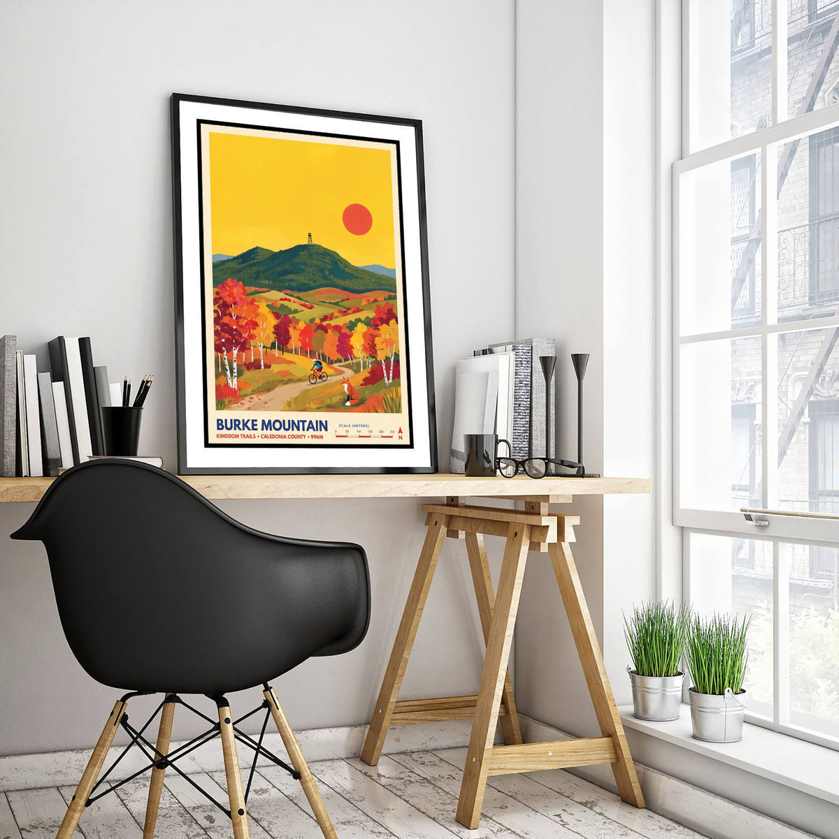 Burke Mountain Travel Poster - Kingdom Trails Mountain Biking Art Print - Fox Autumn Birch Illustration - Vermont Foliage 3/3