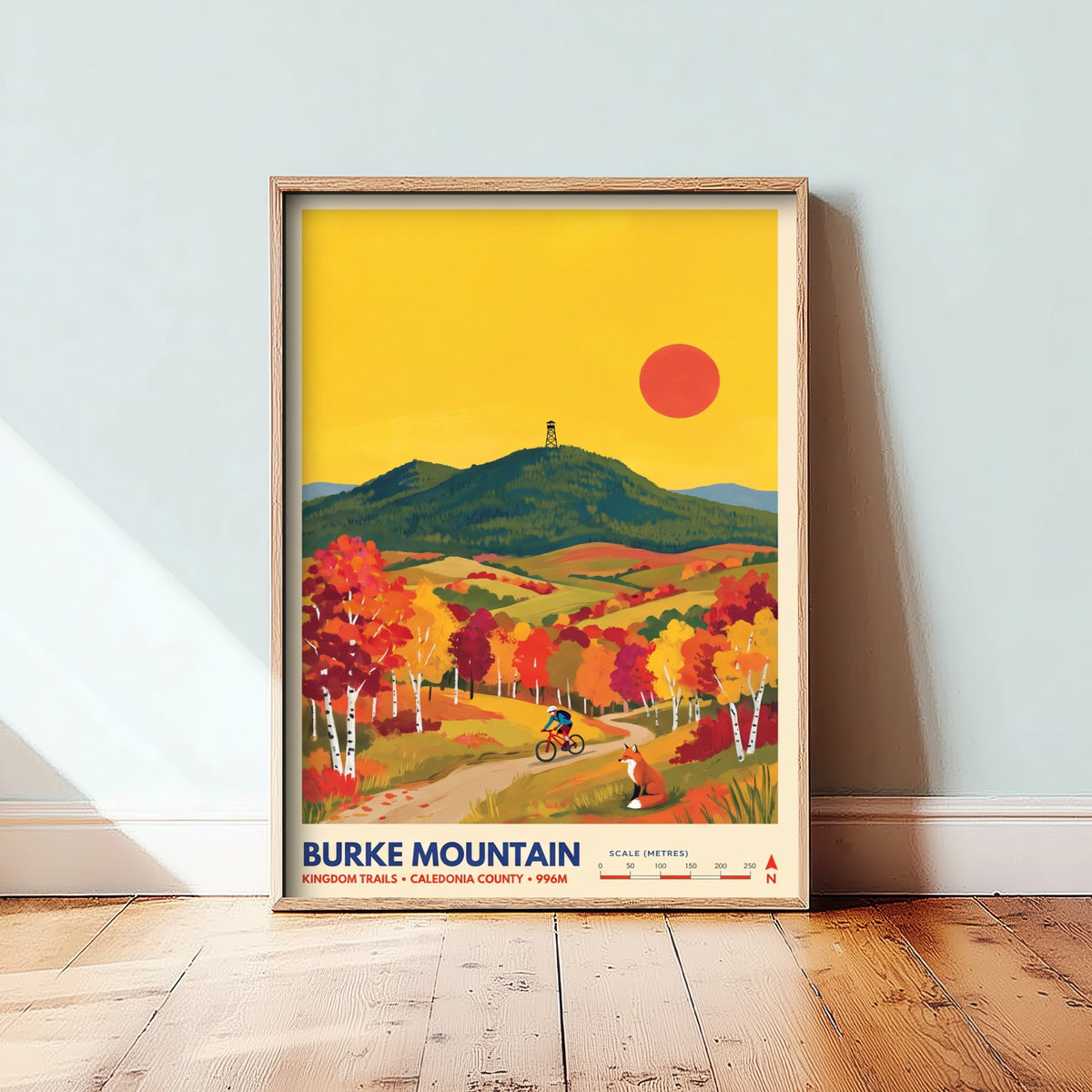 Burke Mountain Travel Poster - Kingdom Trails Mountain Biking Art Print - Fox Autumn Birch Illustration - Vermont Foliage 3/3