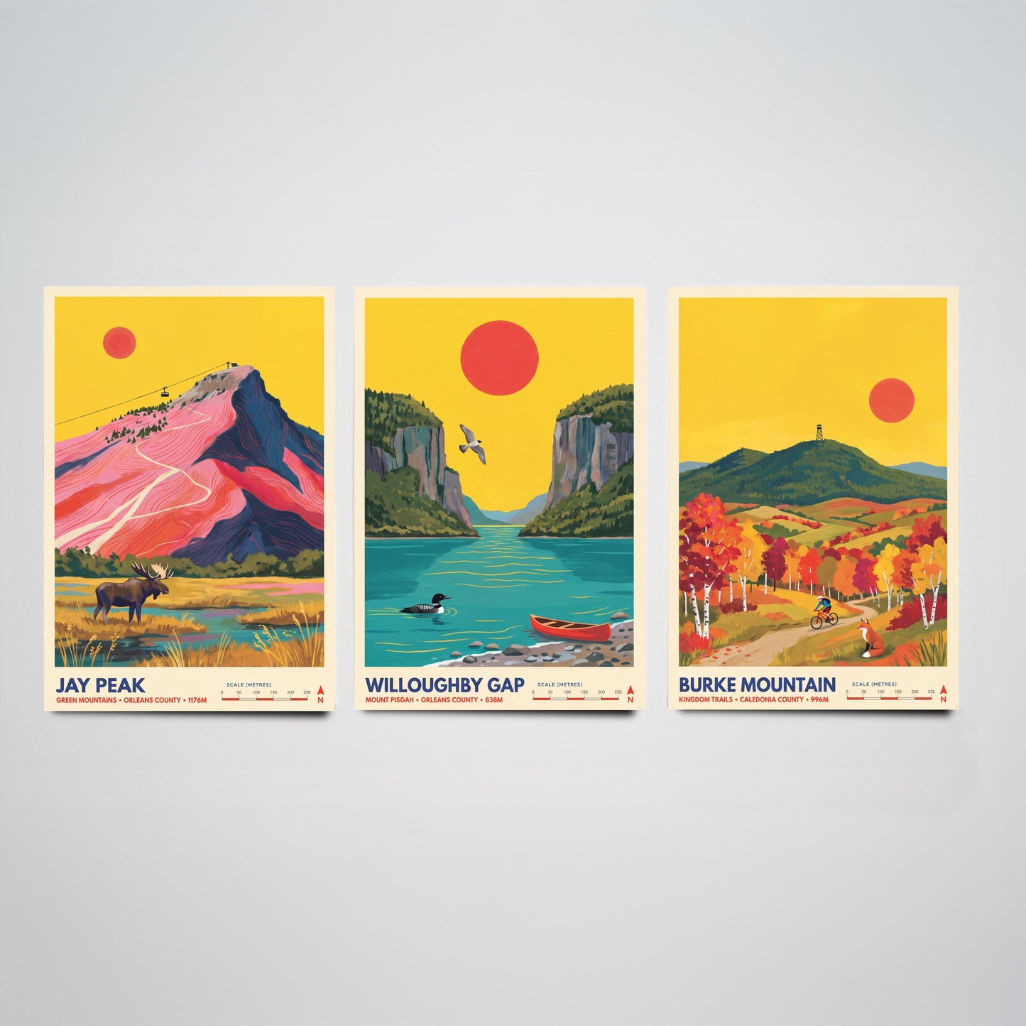 Northeast Kingdom Vermont Set of Three Art Prints - Jay Peak, Willoughby Gap, Burke Mountain - New England Travel Posters Painting